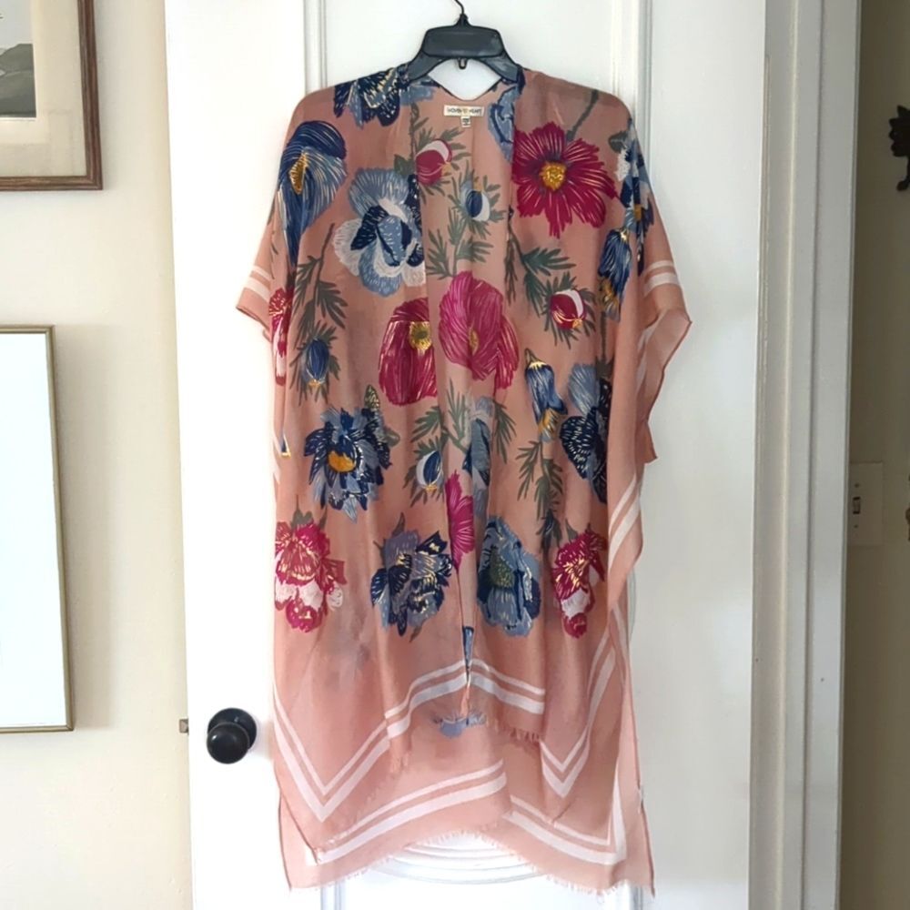 Woven Heart Boho Open Front Floral Kimono Swim Coverup Robe One Size